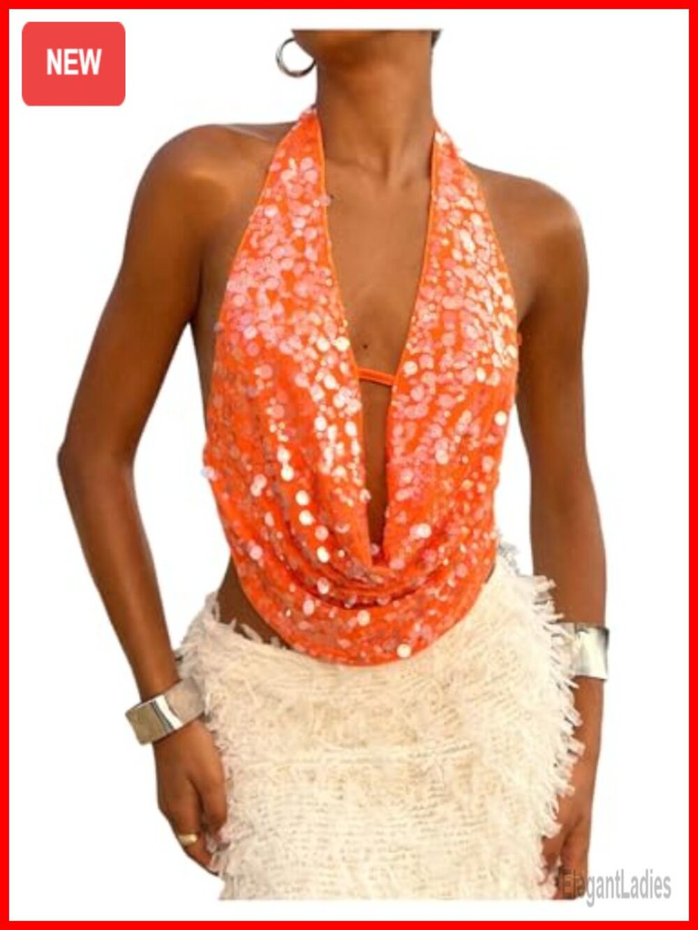 Women's Sequin Glitter Halter Crop Tank Top Backless Party Club Top